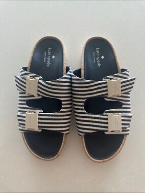 kate spade Striped Buckle Slide Sandals - Navy & White
